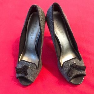 Gray Black Tweed Tassel Peeptoe High Heels size 9
